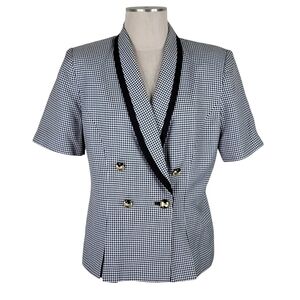 Le Suit Double Breasted Blazer Women Size 14P Black White Gingham Short Sleeve